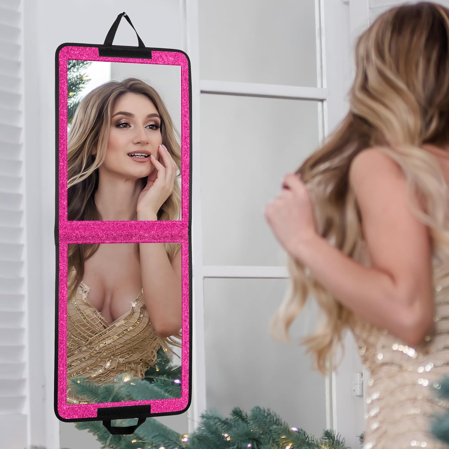 LPHUMEX Sparkle Hot Pink Folding Mirror 13”x33”, Foldable Full-Length Travel Mirror 3-Way Use, Perfect for Dance, Festivals, RV