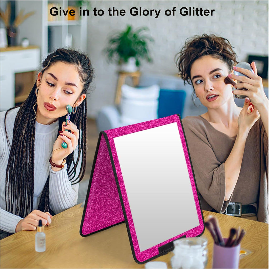 LPHUMEX Sparkle Hot Pink Folding Mirror 13”x33”, Foldable Full-Length Travel Mirror 3-Way Use, Perfect for Dance, Festivals, RV