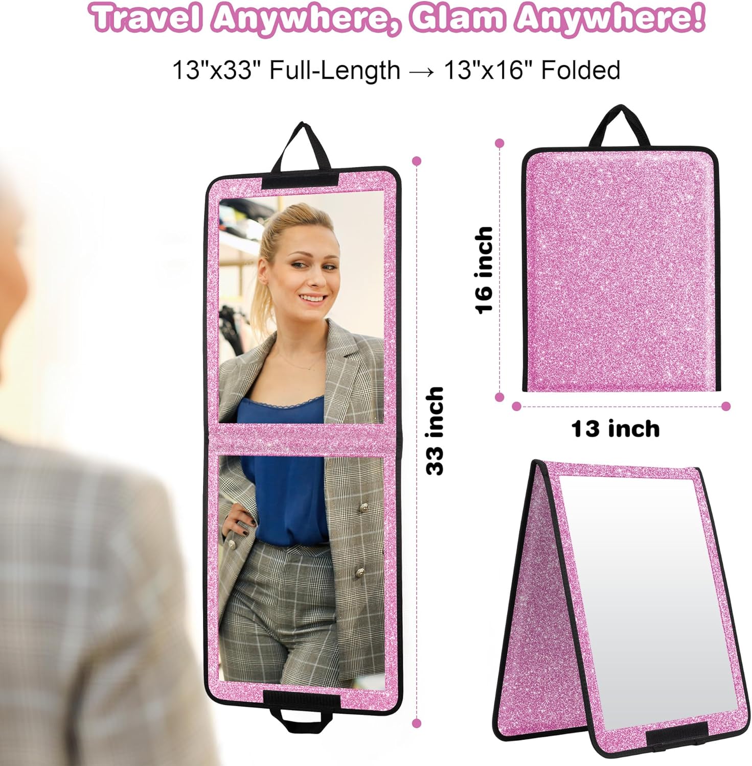 LPHUMEX Glitter Purple Folding Full Length Mirror, 13x33 inch Foldable Travel Body Mirror for Dance, Festivals, Fair Booth