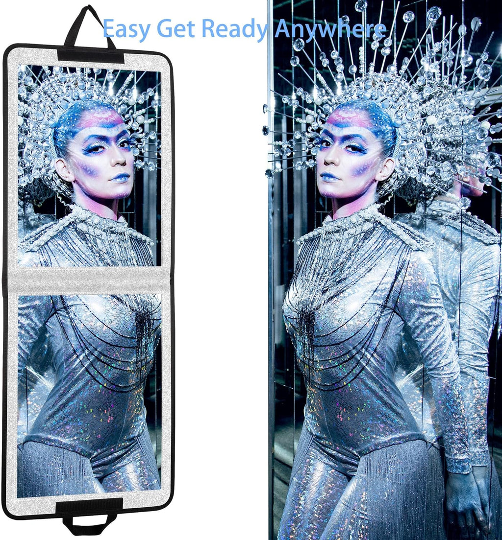 LPHUMEX Foldable Full Length Mirror Glitter Silver, 13x33 Portable Body Mirror for Travel, Dance, Festival