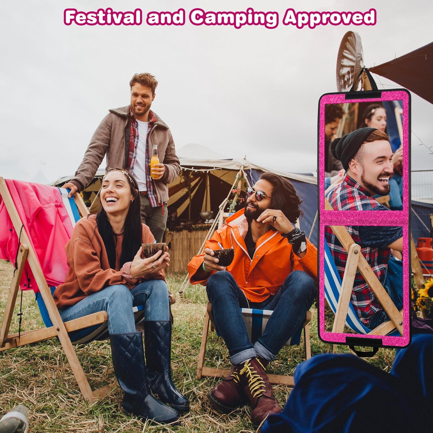 LPHUMEX Sparkle Hot Pink Folding Mirror 13”x33”, Foldable Full-Length Travel Mirror 3-Way Use, Perfect for Dance, Festivals, RV