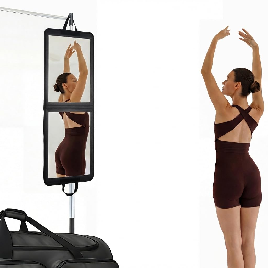 LPHUMEX 33x13 in Portable Mirror Full Length Door Hanging, Black Foldable Shatterproof Full Body Door Mirror for Dancing Bag, Travel