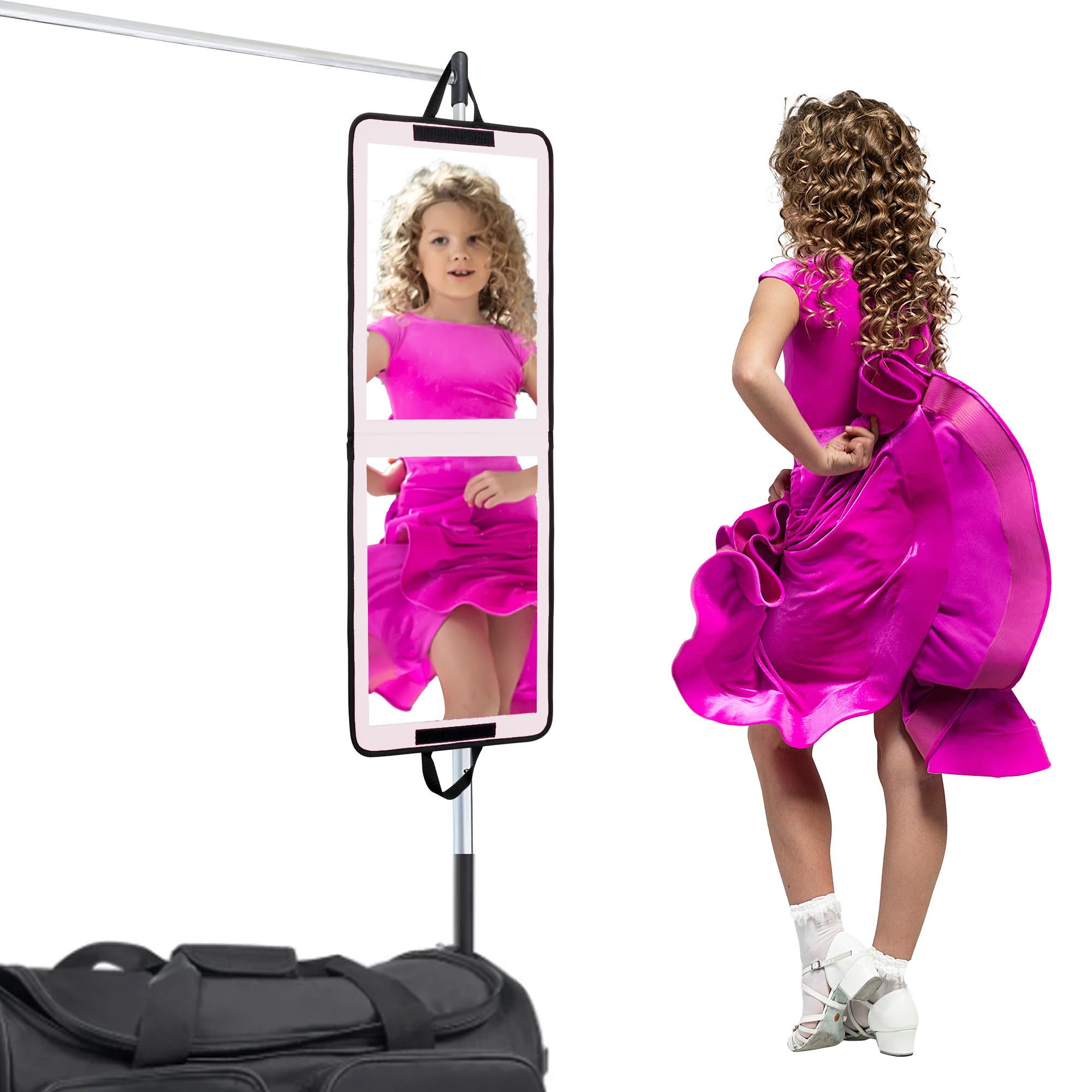 LPHUMEX Foldable Full Length Mirror White with Black Handles Hanging, 13x33 inch Portable Folding Body Mirror for Dance, Festival, Travel