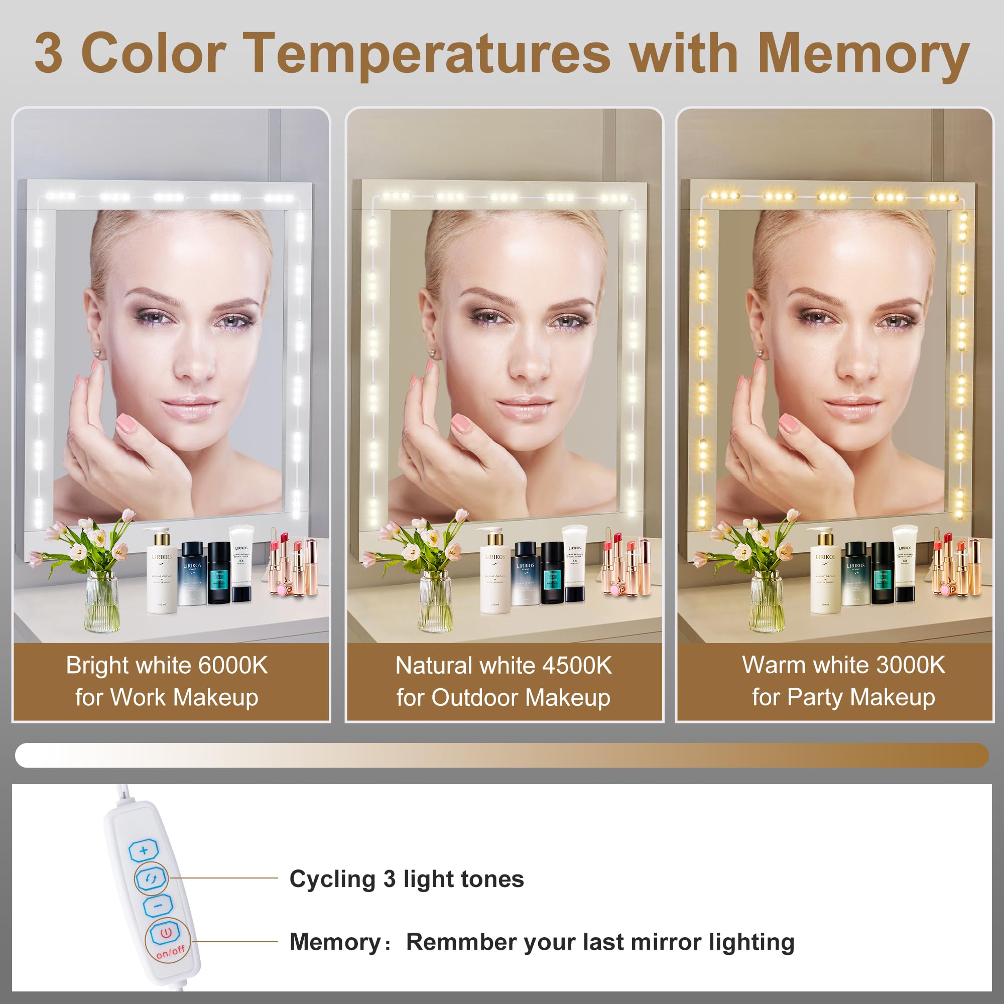 LPHUMEX LED Vanity Mirror Lights, 3 Color 20pcs*3LEDS 12V Hollywood Style Makeup Lights Stick on, Bright Dimmable with Power Adapter (Mirror Not Included)