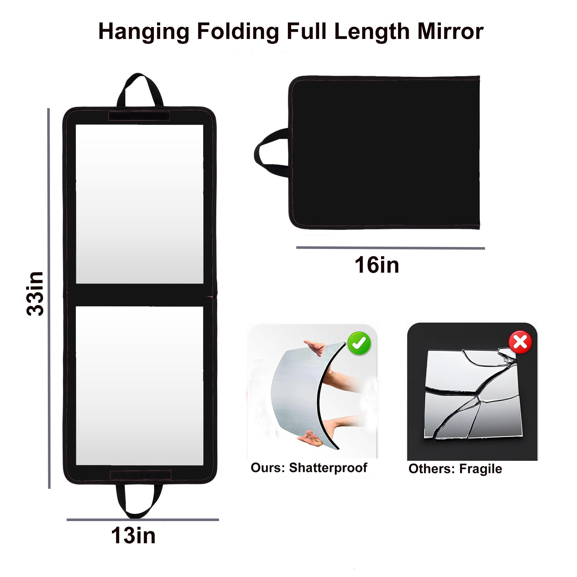 LPHUMEX 33x13 in Portable Mirror Full Length Door Hanging, Black Foldable Shatterproof Full Body Door Mirror for Dancing Bag, Travel