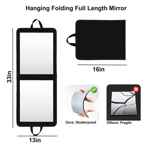LPHUMEX 33x13 in Portable Mirror Full Length Door Hanging, Black Foldable Shatterproof Full Body Door Mirror for Dancing Bag, Travel