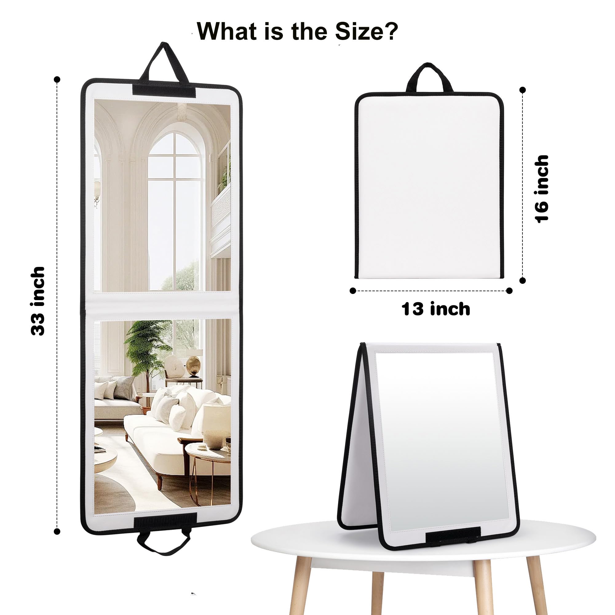 LPHUMEX Foldable Full Length Mirror White with Black Handles Hanging, 13x33 inch Portable Folding Body Mirror for Dance, Festival, Travel