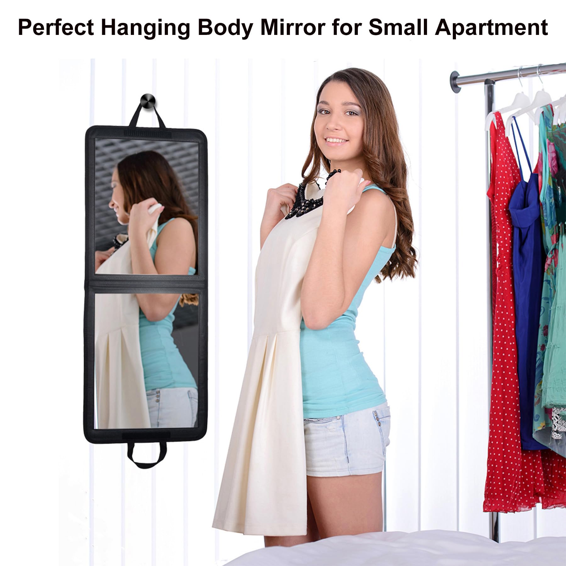 LPHUMEX 33x13 in Portable Mirror Full Length Door Hanging, Black Foldable Shatterproof Full Body Door Mirror for Dancing Bag, Travel