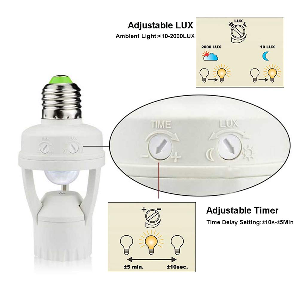 Motion Sensor Light Socket, PIR Motion E26 Screw Bulb Adapter, Adjustable Auto On/Off Night Light Control, Garage Light, for Basement, Pantry Room, Storage Room, Garage Light