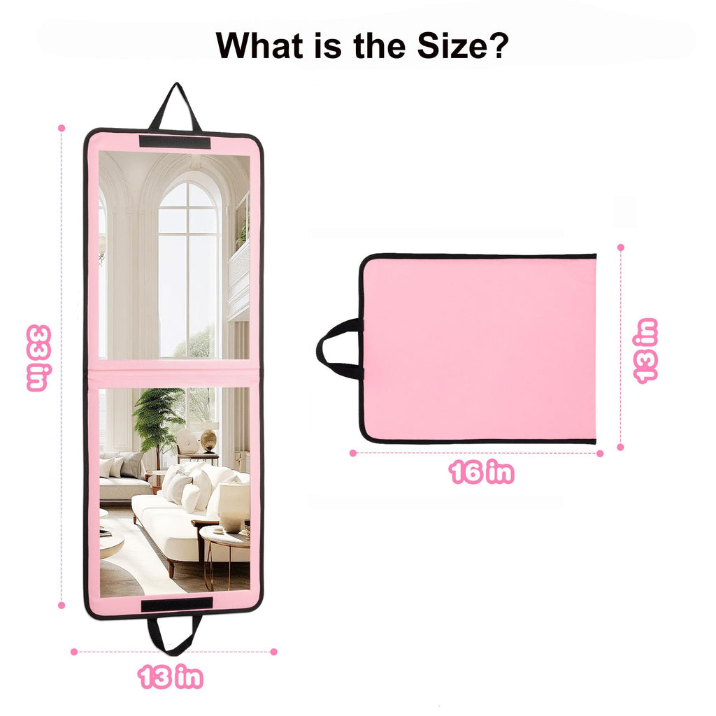 LPHUMEX Foldable Full Length Mirror Pink with Black Handles, 13x33 Portable Folding Body Mirror for Dance, Festival, Travel