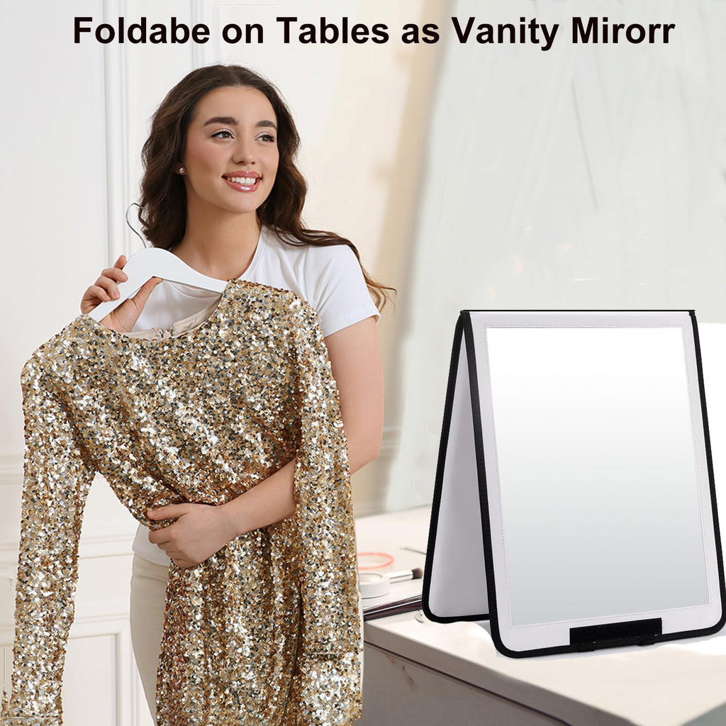 LPHUMEX Foldable Full Length Mirror White with Black Handles Hanging, 13x33 inch Portable Folding Body Mirror for Dance, Festival, Travel