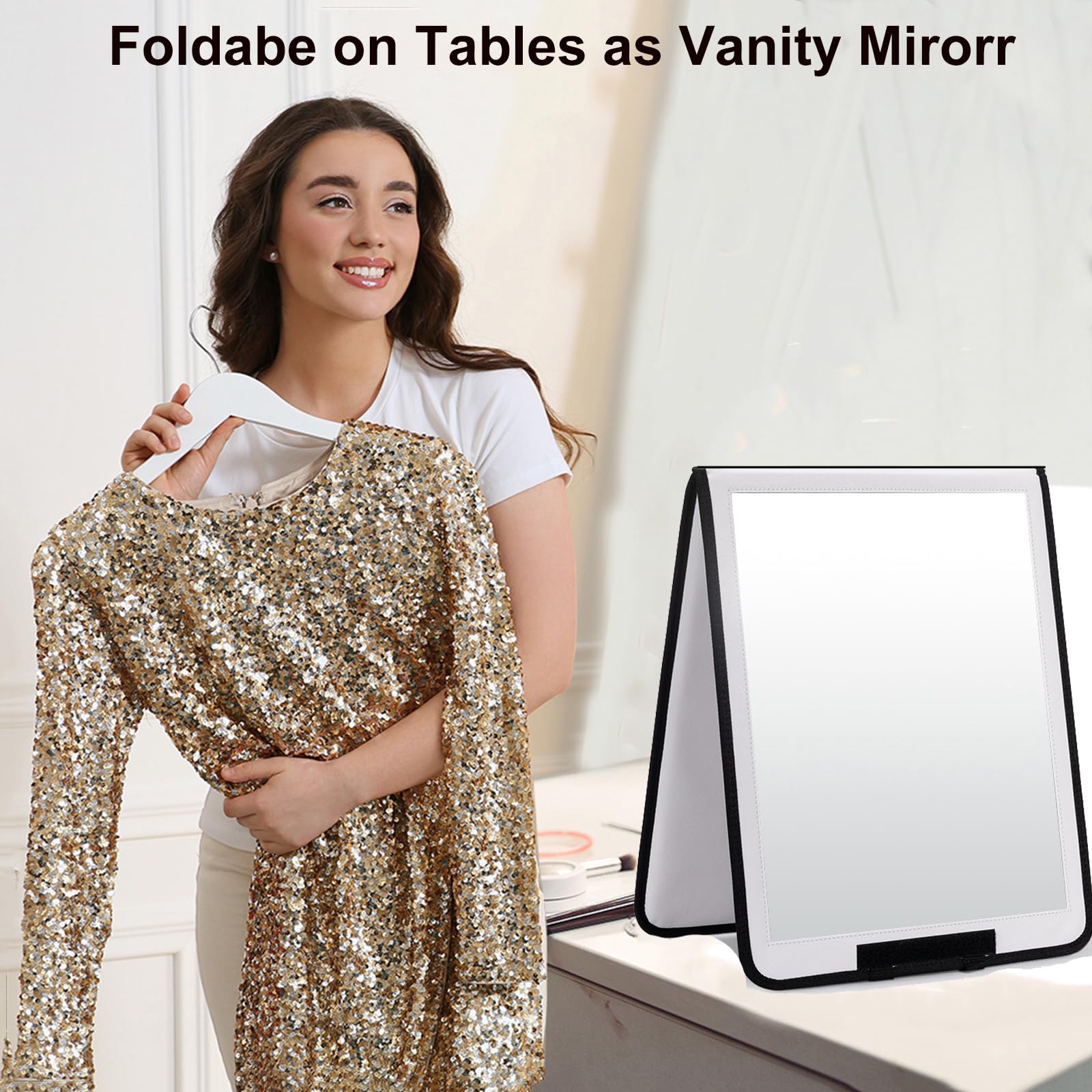 LPHUMEX Foldable Full Length Mirror White with Black Handles Hanging, 13x33 inch Portable Folding Body Mirror for Dance, Festival, Travel