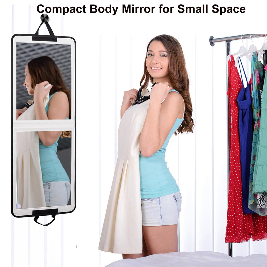 LPHUMEX Foldable Full Length Mirror White with Black Handles Hanging, 13x33 inch Portable Folding Body Mirror for Dance, Festival, Travel