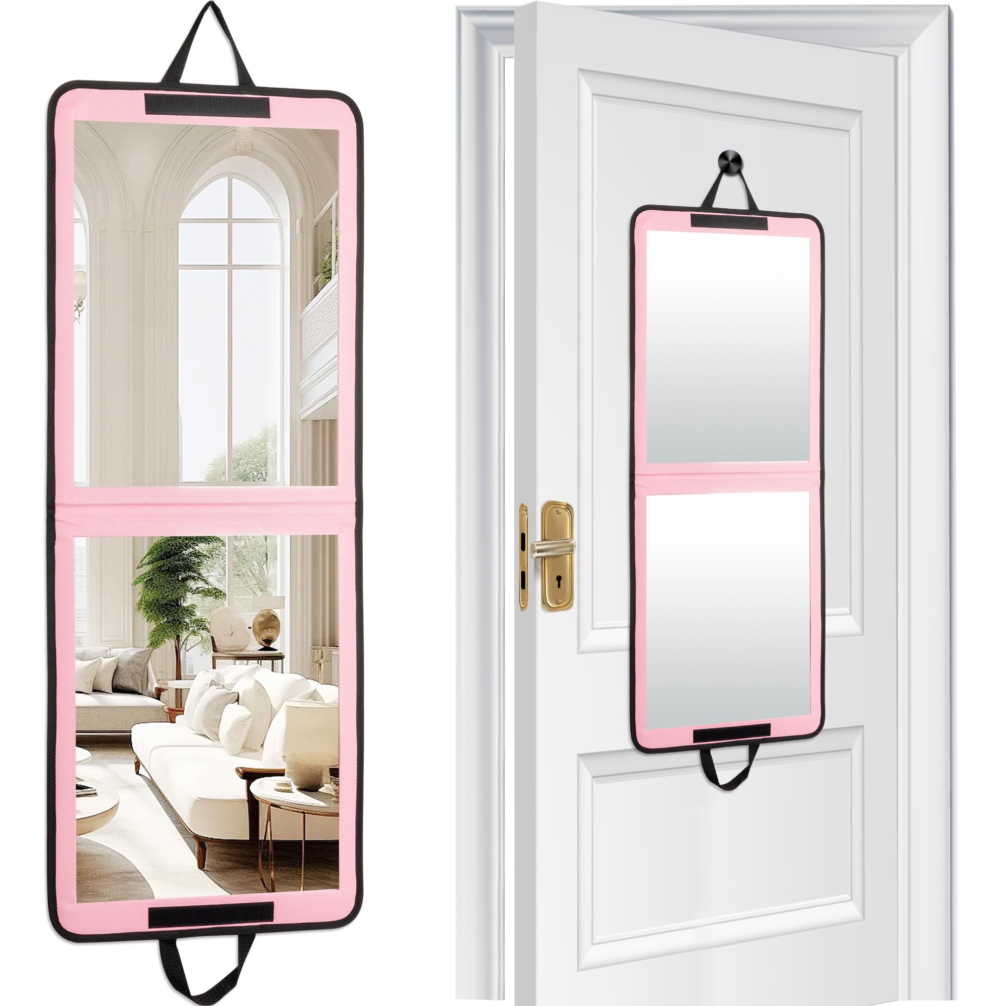 LPHUMEX Foldable Full Length Mirror Pink with Black Handles, 13x33 Portable Folding Body Mirror for Dance, Festival, Travel