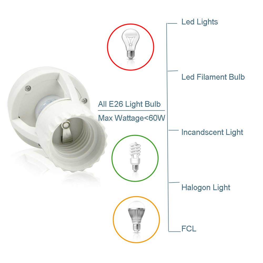 Motion Sensor Light Socket, PIR Motion E26 Screw Bulb Adapter, Adjustable Auto On/Off Night Light Control, Garage Light, for Basement, Pantry Room, Storage Room, Garage Light